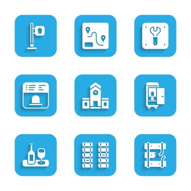 Tren istasyonu, tren yolu, tren yolu, tren yolu, tren vagonunda tuvalet, cam kaplı şarap şişesi bilet almak için bilet ofisi, Tamir ve Kafe ve restoran konumu ikonu. Vektör