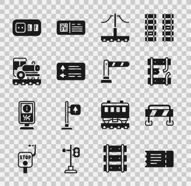 Tren bileti, bariyer, tren yolu, tren yolu, trafik levhası, klasik lokomotif, elektrik prizi ve ikon. Vektör