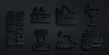 Gemi hattı, Kokteyl, Aşçı, Yolcu gemisi, Köpekbalığı yüzgeci okyanus dalgası ve ikon. Vektör