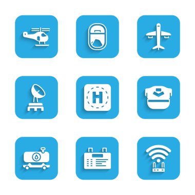 Helikopter iniş pistini, havaalanı panelini, Wi-Fi sinyalini, Pilot şapkasını, yakıt tankeri kamyonunu, Radar 'ı, uçağı ve ikonu ayarlayın. Vektör