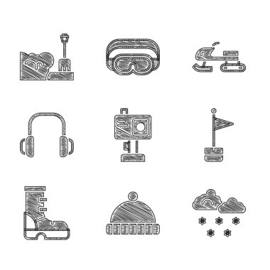 Aksiyon kamerası, kış şapkası, karlı bulut, konum işareti, su geçirmez lastik bot, kulaklık, kar aracı ve kar temizleme ikonu. Vektör
