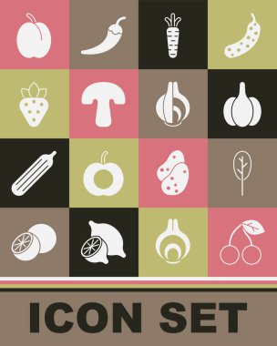 Kiraz, ıspanak, sarımsak, havuç, mantar, çilek, erik meyvesi ve soğan ikonu. Vektör