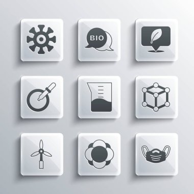 Molekül, tıbbi koruyucu maske, laboratuvar cam örtüsü ya da deney tüpü, rüzgar türbini, pipet, bakteri ve yaprak ikonlu Petri kabı. Vektör