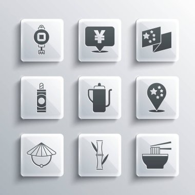 Bambu seti, kasede Asya eriştesi, Çin bayrağı, Çin çay töreni, konik hasır şapka, havai fişek, kağıt fener ve ikon. Vektör