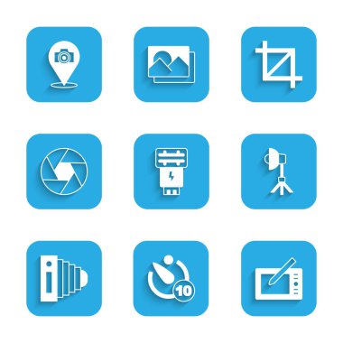 Fotoğraf makinesi flaşı, kamera zamanlayıcısı, grafiksel tablet, Softbox ışığı, deklanşör, resim ürünü fotoğrafı ve simgeyi ayarla. Vektör