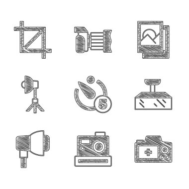 Kamera zamanlayıcısı, fotoğraf makinesi, Softbox ışığı, çerçeve ve resim ekini resim simgesi ayarla. Vektör