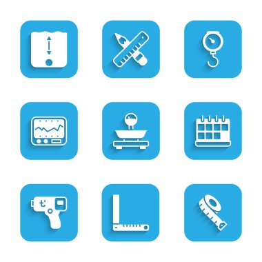 Ölçekleri, köşe cetvelini, ölçüm bandını, takvimi, dijital termometreyi, aleti, el ölçeği mekaniğini ve derinlik ölçüm simgesini ayarla. Vektör