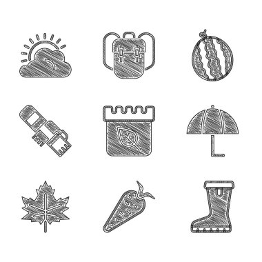 Takvimi sonbahar yaprakları, havuç, su geçirmez lastik bot, Şemsiye, Yaprak veya, kış eşarbı, karpuz ve güneş ve bulut hava ikonu ile ayarla. Vektör