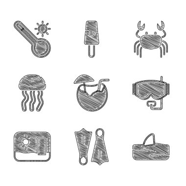 Hindistan cevizi kokteyli, yüzmek için lastik yüzgeçler, köpekbalığı yüzgeci okyanus dalgası, dalış maskesi seyahat kartpostalı, denizanası, yengeç ve meteoroloji termometresi ikonu. Vektör