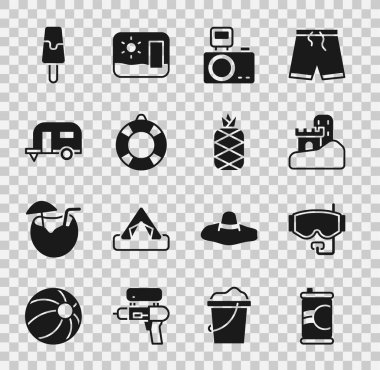 Soda kutusu, dalış maskesi, kumdan kale, flaşlı fotoğraf makinesi, Lifebuoy, karavan, dondurma ve ananas ikonu. Vektör