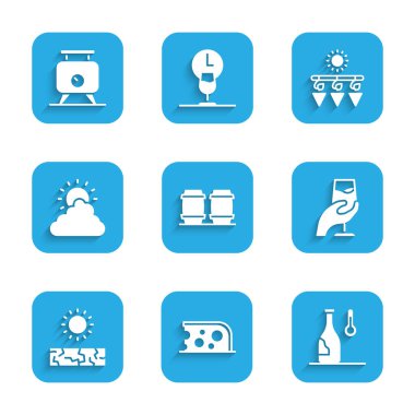 Tahta fıçıyı şarap, peynir, şarap sıcaklığı, tatma, degukasyon, kuraklık, güneş ve bulut havası, kuru üzüm ve ikon fermantasyonu için ayarlayın. Vektör