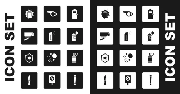 Set Polizei Sturmschild, Pfefferspray, Überwachungskamera, Handgranate, Farbdose, Trillerpfeife und Abzeichen-Symbol. Vektor — Stockvektor