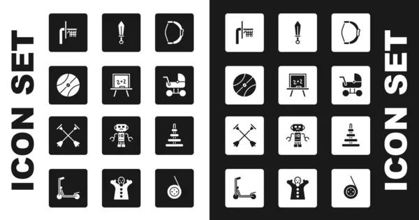 Set luk hračka, Karton, Basketbal míč, backboard, Dětský kočárek, Meč, Pyramida a šipka s přísavkou špičkou ikony. Vektor — Stockový vektor