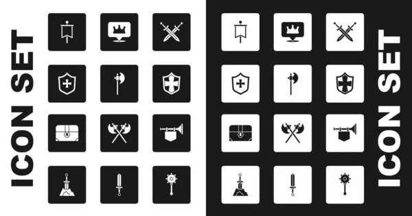 Set Spada medievale incrociata, ascia medievale, scudo, bandiera, posizione re corona, tromba con e antica icona scrigno del tesoro. Vettore — Vettoriale Stock