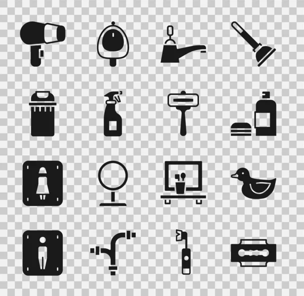 Jilet, plastik ördek, şampuan şişesi, su musluğu, temizlik spreyi, çöp kutusu, saç kurutma makinesi ve tıraş ikonu. Vektör — Stok Vektör