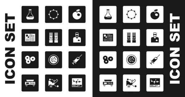 Set Pomme génétiquement modifiée, gants de caoutchouc médical, dossier clinique, éprouvette et fiole, assistant de laboratoire, formule chimique, seringue et icône de division cellulaire. Vecteur — Image vectorielle
