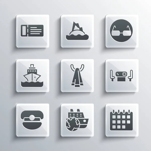 Set Cruiseschip, Kalender, Poker tafel, Handdoek op hanger, Captain hat, ticket en glazen pictogram. Vector — Stockvector