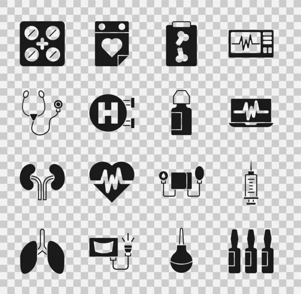 Set Medische flacon, ampul, spuit, laptop met cardiogram, röntgenfoto 's, ziekenhuisbord, stethoscoop, blisterverpakking met pillen en icoon voor oogdruppels. Vector — Stockvector