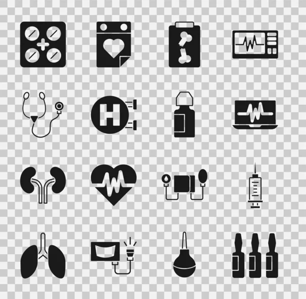 Set Vial médico, ampolla, jeringa, ordenador portátil con cardiograma, inyecciones de rayos X, letrero del hospital, estetoscopio, blister de pastillas e icono de la botella de colirio. Vector — Archivo Imágenes Vectoriales