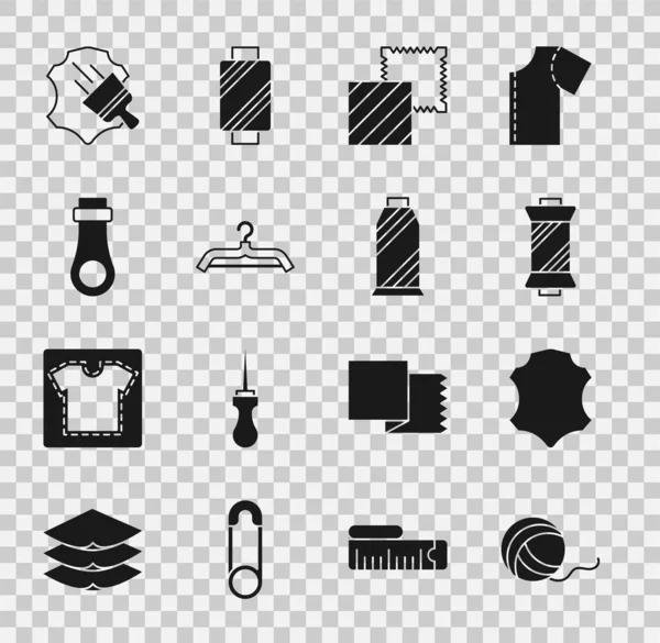 Set Hilado de bola, cuero, hilo de coser en carrete, rollo de tela textil, guardarropa, cremallera e icono. Vector — Archivo Imágenes Vectoriales