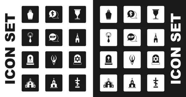 Set de cáliz cristiano, Discurso burbuja rasgar la muerte, Corbata, urna funeraria, edificio de la iglesia, Tumba con cruz, estrella de David y lápida icono. Vector — Vector de stock