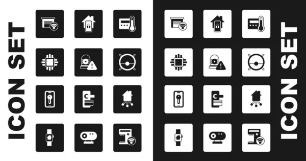 Set Thermostat, Sonnerie d'alarme, Processeur avec CPU, Garage intelligent, Aspirateur robot, Mobile smart home, et icône clé. Vecteur — Image vectorielle