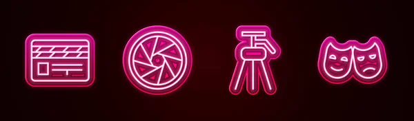 Set line Movie clapper, Camera shutter, Tripod and Comedy and tragedy masks. Glowing neon icon. Vector — Stock Photo, Image