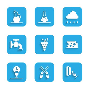 Bir demet üzüm, bahçe makası, şarap tatma, degukasyon, peynir, zaman, fıçı için musluk, yağmurlu bulut ve Dekanter şarap ikonu. Vektör