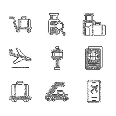 Havaalanı kontrol kulesi, uçağa binmek için yolcu merdiveni bilet, pasaport, konveyör bavulu bavul, uçak inişi, bavul ve Trolley bagaj ikonu. Vektör