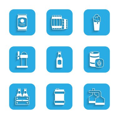 Bira şişesi, metal bira fıçısı, demleme işlemi, bir paket şişe, şeker, cam ve kutu ikonu. Vektör