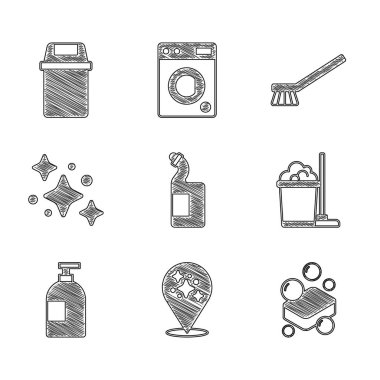 Bulaşık deterjanı şişesi, temizlik servisi, sabun, süpürge ve kova, fırça ve çöp tenekesi ikonu. Vektör