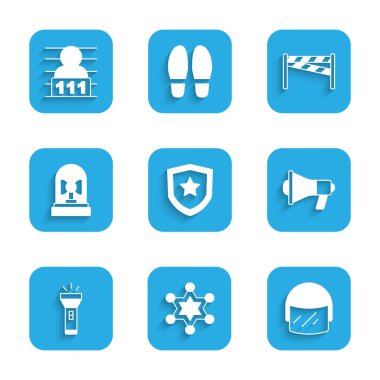 Polis rozeti, Hexagram şerifi, miğfer, megafon, fener, flasher siren, suç mahalli ve şüpheli ikonu. Vektör