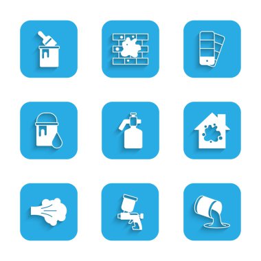 Sprey boya tabancası, kova, evi boyama, renk palet rehberi ve fırça ikonu. Vektör