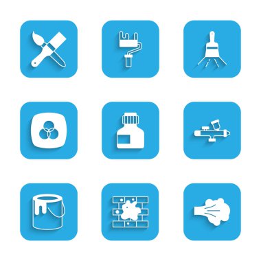 Boya, guaj, kavanoz, boya, evi boyama, sprey boya, silah, kova, RGB ve CMYK renk karışımı, fırça ve ikon. Vektör