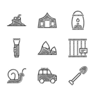 Dağlar, Araba, Kürek, Hayvan Kafesi, Salyangoz, El feneri, Kamp Feneri ve Ağaç kütüğü ikonu. Vektör