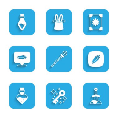 Sihirli değnek, eski sihirli anahtar, taştaki kılıç, iksirli şişe, antik kitap ve ikon. Vektör