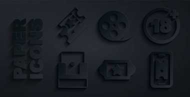 Sinema bileti, artı 18 film, sandalye, internetten sinema, film makarası ve ikonu al. Vektör