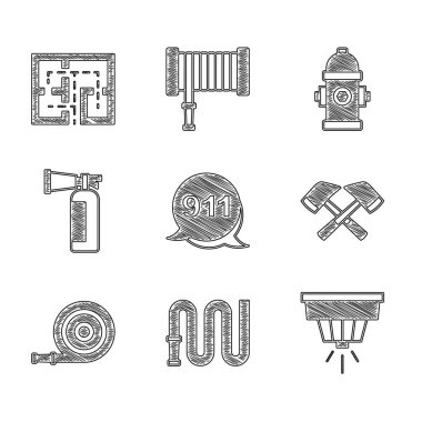 911 'i, yangın hortumunu, yangın alarmını, itfaiyeci baltasını, yangın söndürücüyü, yangın söndürücüyü ve tahliye ikonunu arayın. Vektör