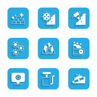 Mayın girişi, tutucu fünyesi, kömür taşıyan taşıyıcı bant, taş taş, inşaat matkabı ve altın külçeleri ikonu. Vektör