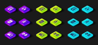 Radyo, veri transferini ve depolamayı ayarla, kablosuz mobil, web kamerası, küresel teknoloji ve müzik çalar ikonu. Vektör