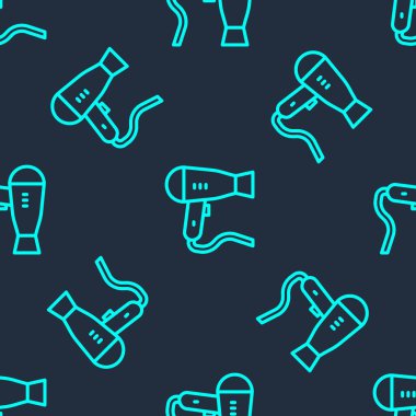 Yeşil çizgi saç kurutma ikonu mavi arkaplandaki kusursuz deseni izole etti. Saç kurutma makinesi tabelası. Saç kurutma sembolü. Sıcak hava üflüyor. Vektör