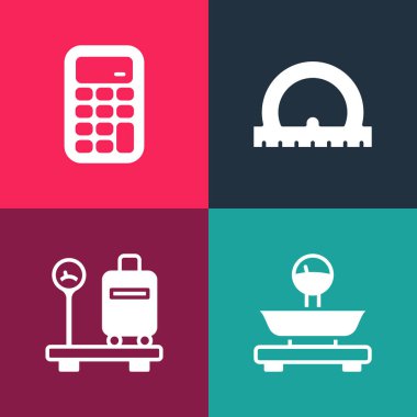 Pop sanat ölçeklerini bavul, iletki ve hesap makinesi simgesi ile ayarla. Vektör