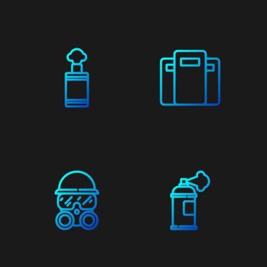 Boya spreyi, gaz maskesi, el bombası ve polis saldırı kalkanı ayarlayın. Renk simgeleri. Vektör