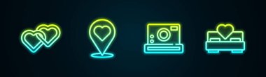 İkinci Hat Bağlı Kalpler, Kalpli Konum, Fotoğraf Makinesi ve Yatak Odası. Parlayan neon ikonu. Vektör