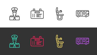 Hat Kılavuzu, Havalimanı tahtası, uçak koltuğu ve otobüsü siyah ve beyaza ayarlayın. Vektör