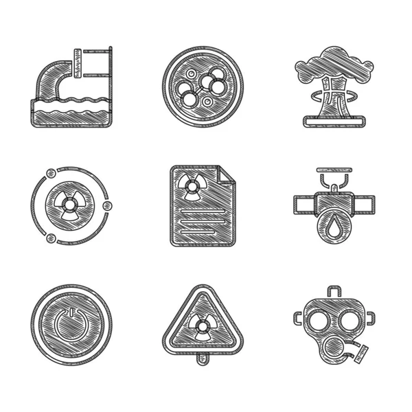 Set Documento de advertencia de radiación, triángulo con radiación, máscara de gas, tubo y válvula de la industria, botón de encendido, radiactivo, explosión nuclear e icono de aguas residuales. Vector — Archivo Imágenes Vectoriales