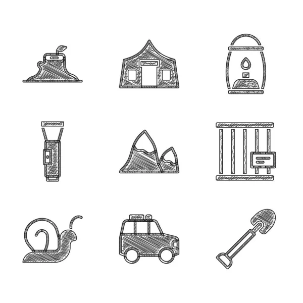 Set Mountains, Car, Shovel, Animal cage, Snail, Flashlight, Camping lantern and Tree stump icon. Vector — Stock Vector