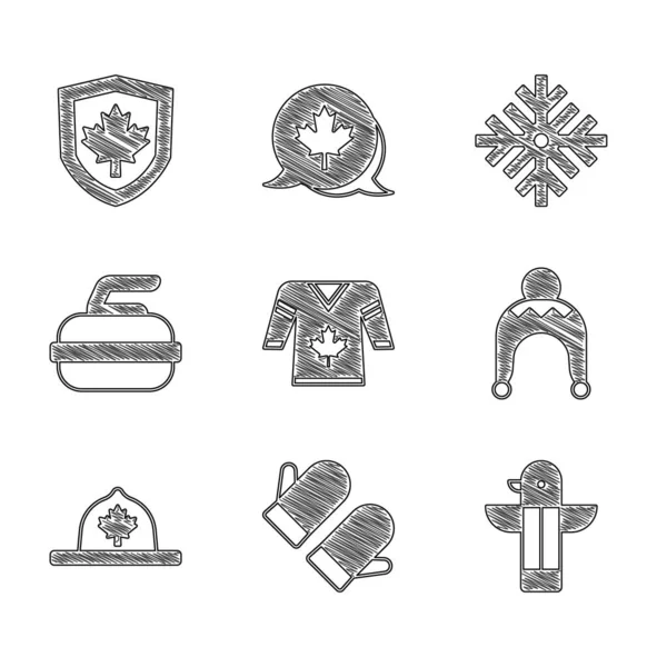 Set Hockey-Trikot, Weihnachtshandschuh, kanadischer Totempfahl, Wintermütze, Ranger, Stein für Eisstockschießen, Schneeflocke und Kanada-Fahnenschild-Symbol. Vektor — Stockvektor