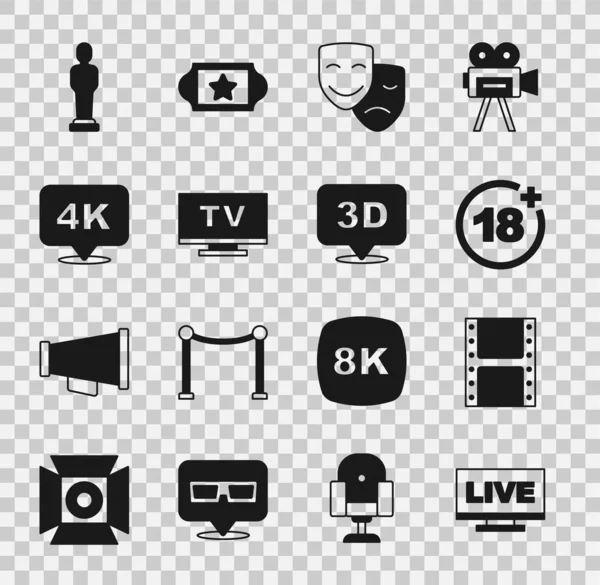 Set Live stream, Play video, Plus 18 movie, Comedy and tragedy masks, Smart Tv, 4k Ultra HD, Movie trophy and 3D word icon. Vector — Stock Vector