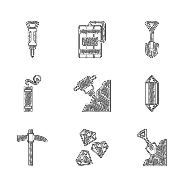 Conjunto de construcción de martillo neumático, piedras preciosas, pala y, Pickaxe, dinamita, y el icono. Vector — Archivo Imágenes Vectoriales